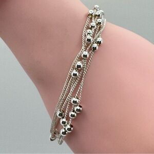 New Silver Plated Multi Strand Chain Bead Bracelet Fits Up to 7”